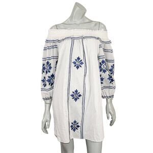 MISA Los Angeles Embroidered Off Shoulder Dress White Blue Women's Sz Medium